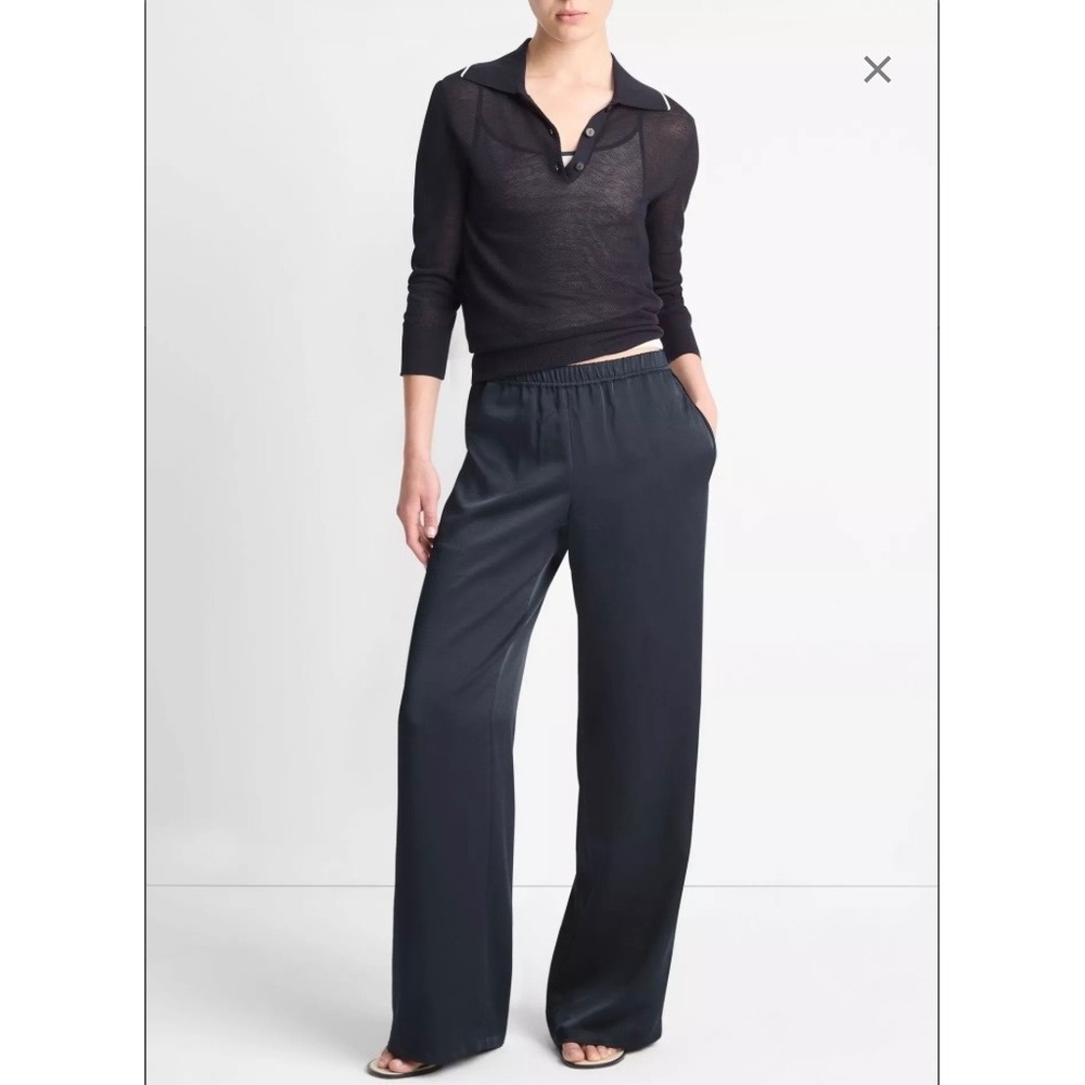Vince Satin Relaxed Straight Leg Pants Womens Medium Black Elastic Waist Office
